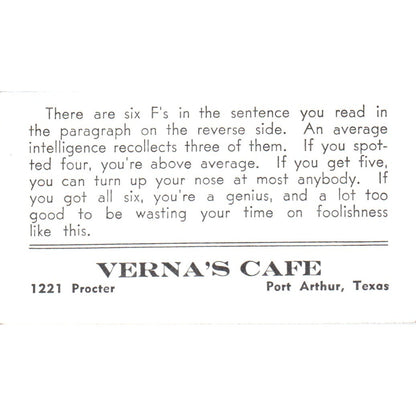 Verna's Cafe Port Arthur Texas Vintage Business Card SD8-B7