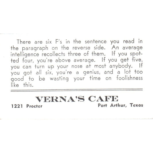Verna's Cafe Port Arthur Texas Vintage Business Card SD8-B7
