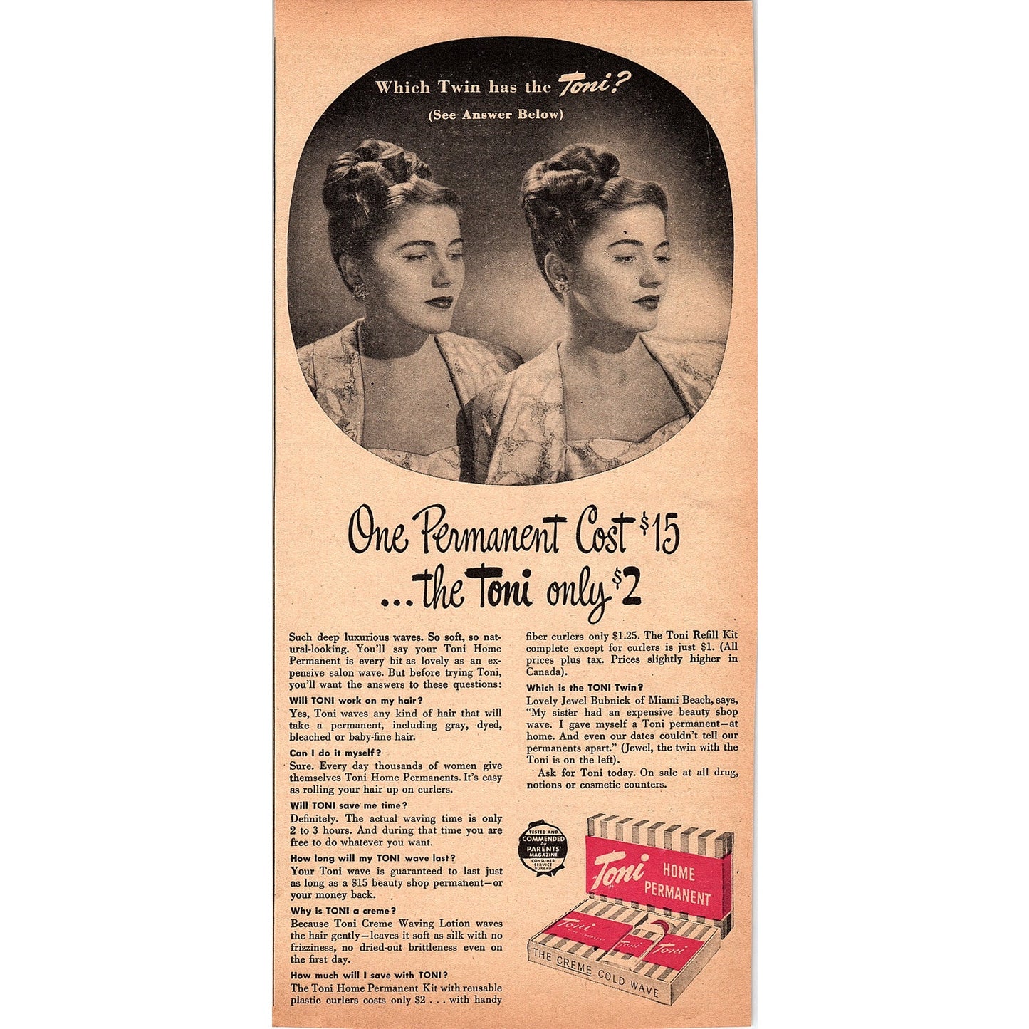Tony Home Permanent Perm - Identical Twins 1948 Ad AF8-1