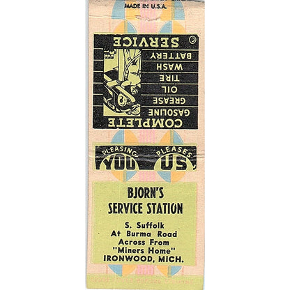 Bjorn's Service Station S. Suffolk Ironwood MI Vintage Matchbook Cover SF3-Y7