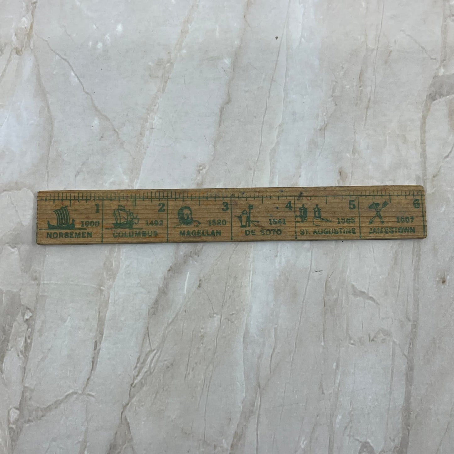 Vtg Wood Historical Explorers 6" Ruler Norsemen Columbus Magellan De Soto AE3