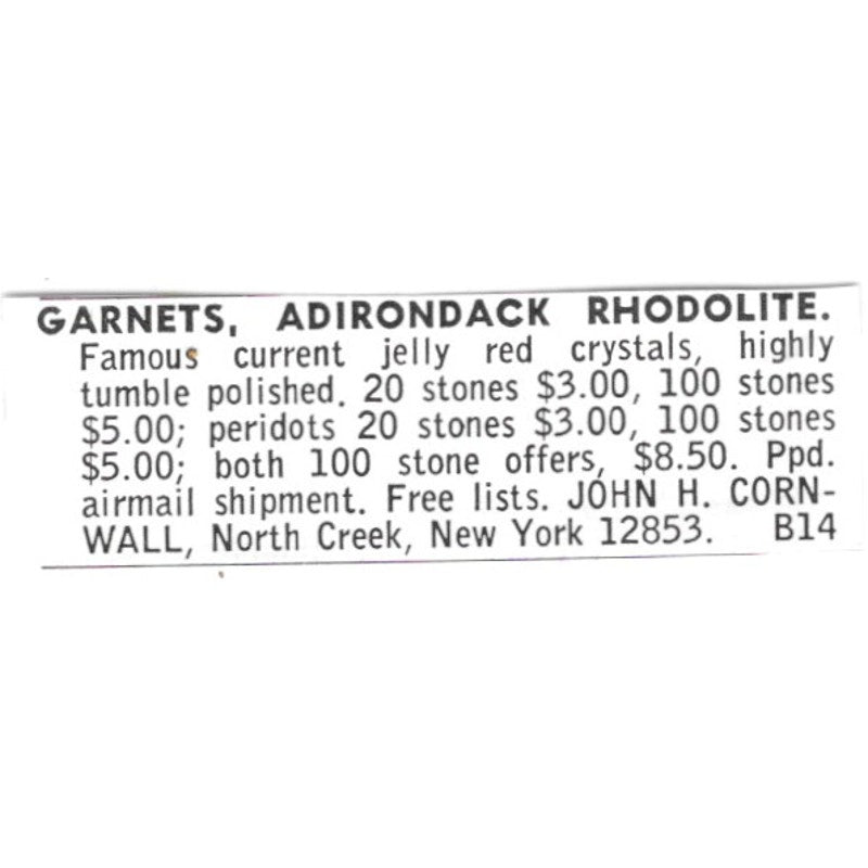 John H Cornwall Garnet Adirondack Rhodolite North Creek NY 1972 Ad AF8-S10