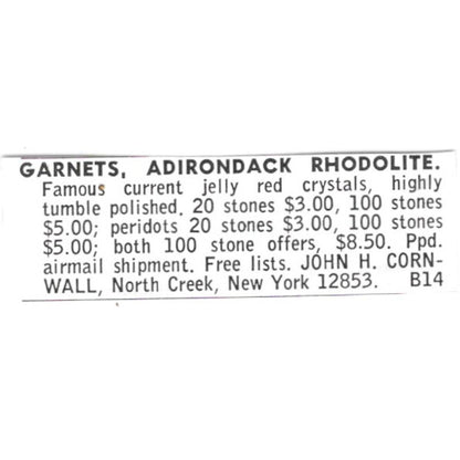John H Cornwall Garnet Adirondack Rhodolite North Creek NY 1972 Ad AF8-S10