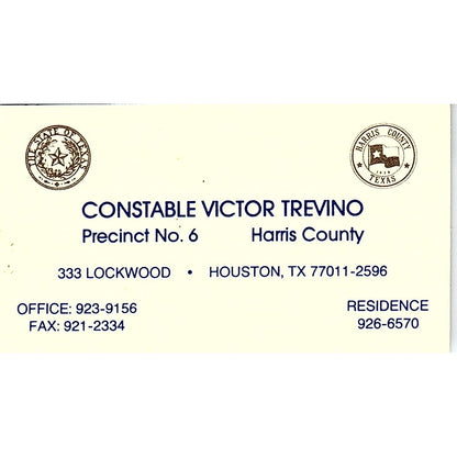 Constable Victor Trevino Precinct No 6 Houston Vintage Business Card SC9-B1