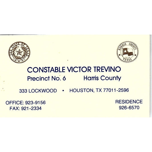 Constable Victor Trevino Precinct No 6 Houston Vintage Business Card SC9-B1