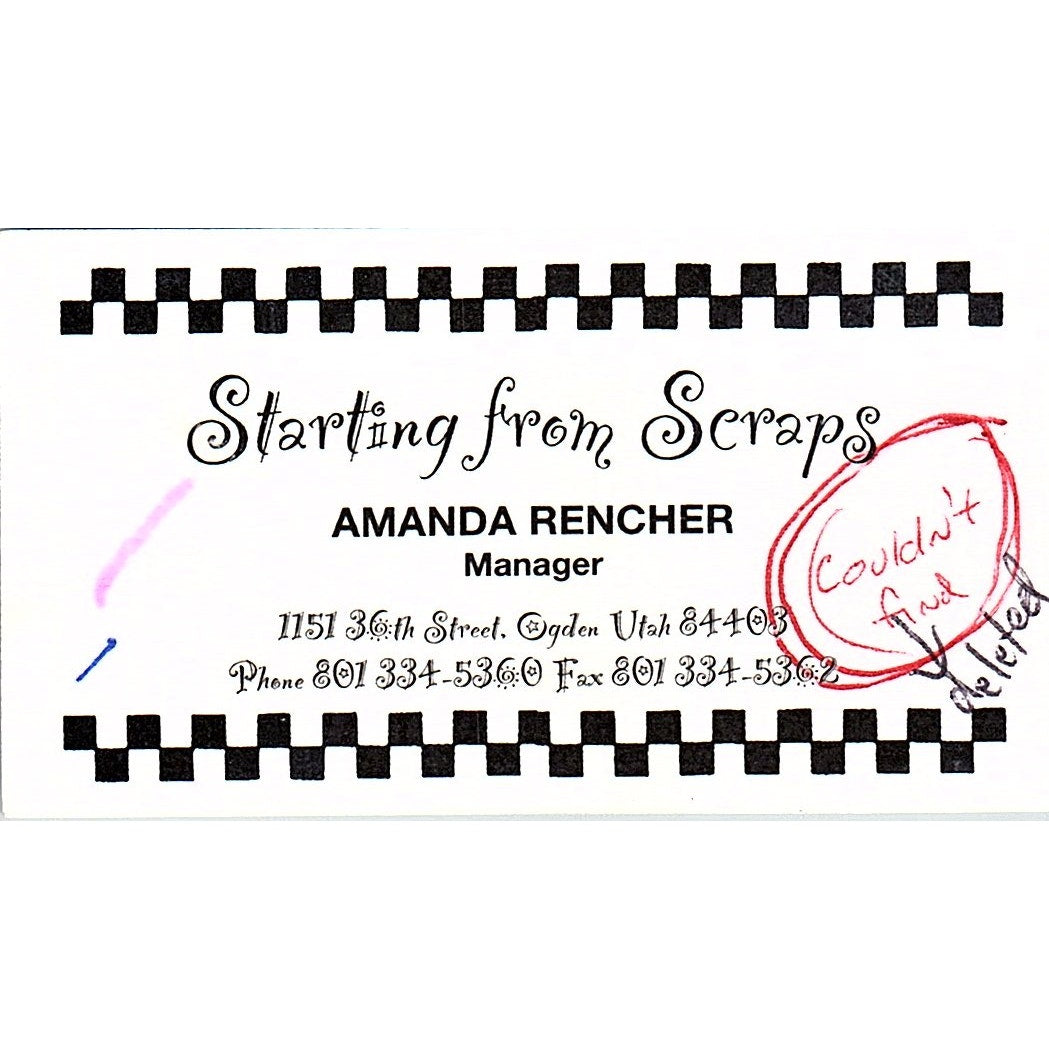 Amanda Rencher Starting from Scraps Ogden UT Vintage Business Card SC9-B11