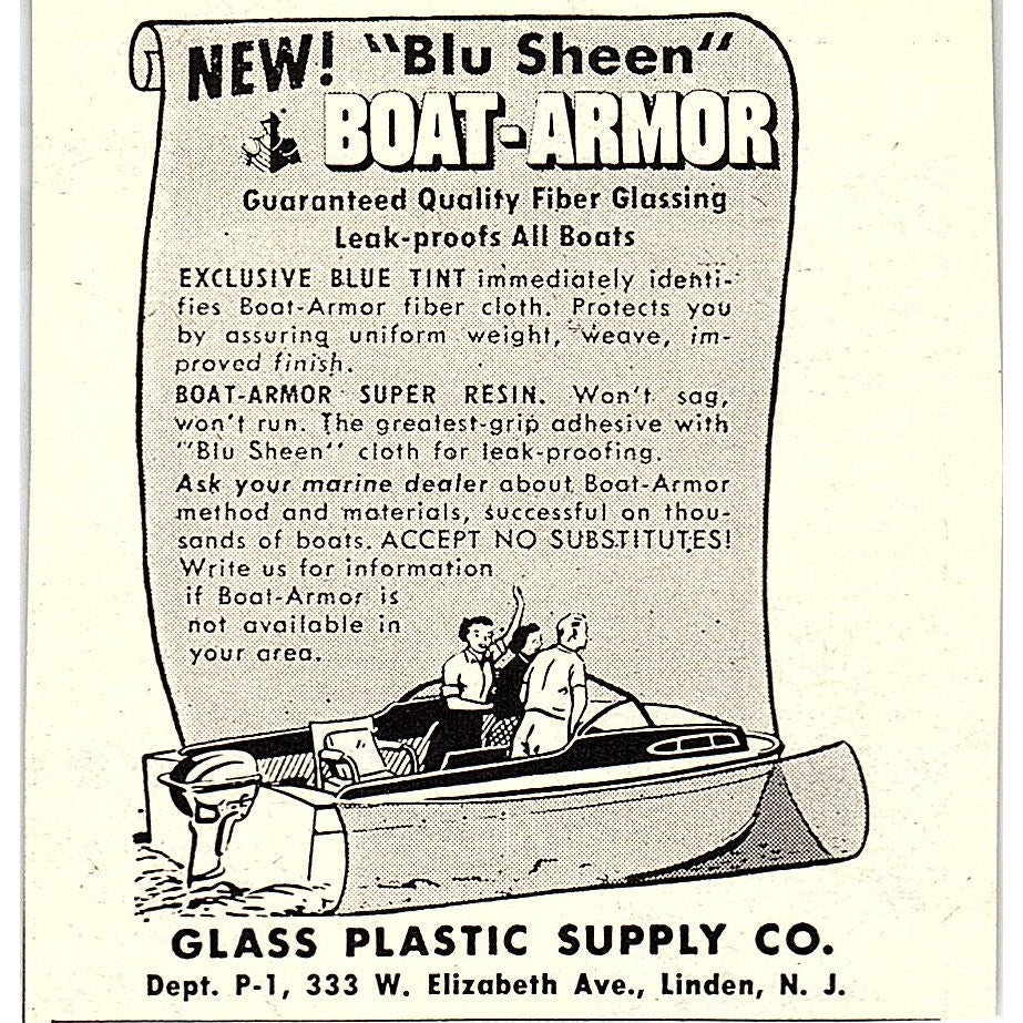 Blu Sheen Boat Armor - Glass Plastic Supply Co Linden NJ 1955 Ad AF9-M3