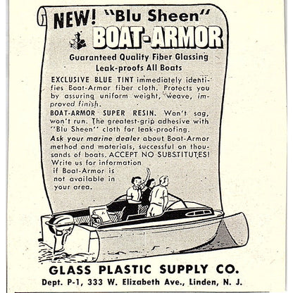 Blu Sheen Boat Armor - Glass Plastic Supply Co Linden NJ 1955 Ad AF9-M3