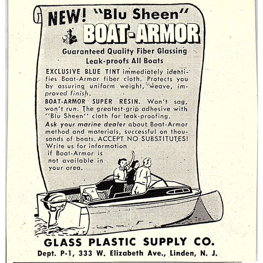 Blu Sheen Boat Armor - Glass Plastic Supply Co Linden NJ 1955 Ad AF9-M3