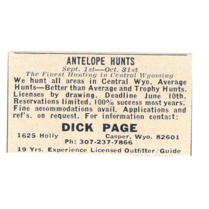 Dick Page Antelope Hunts Casper Wyoming 1977 Ad AF6-S4