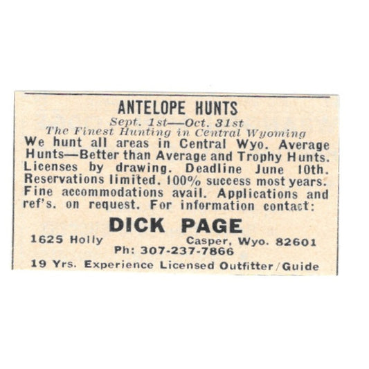 Dick Page Antelope Hunts Casper Wyoming 1977 Ad AF6-S4