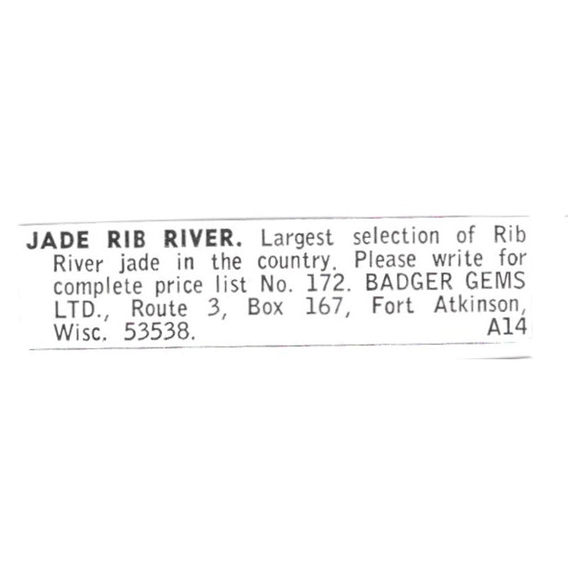 Badger Gems Ltd Jade Rib River Fort Atkinson Wisconsin 1972 Ad AF8-S15