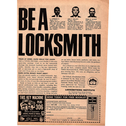 Be A Locksmith Locksmithing Institute Home Study Little Falls NJ 1967 Ad AG1-17