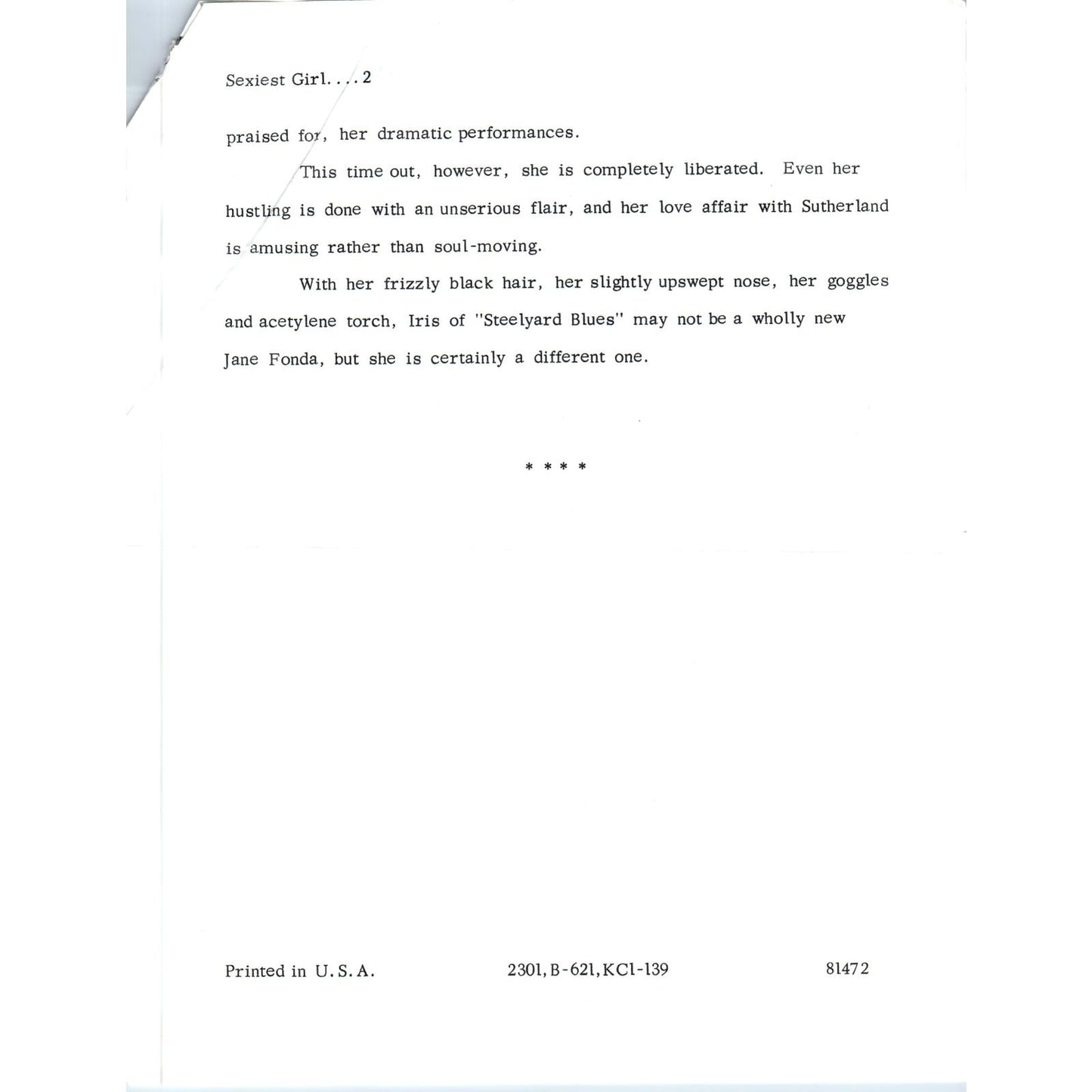 1972 Warner Bros Studios Jane Fonda Promo Sheet Sexiest Girl in the Junkyard AE7