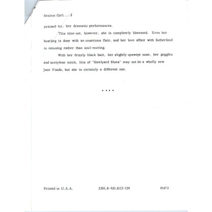 1972 Warner Bros Studios Jane Fonda Promo Sheet Sexiest Girl in the Junkyard AE7