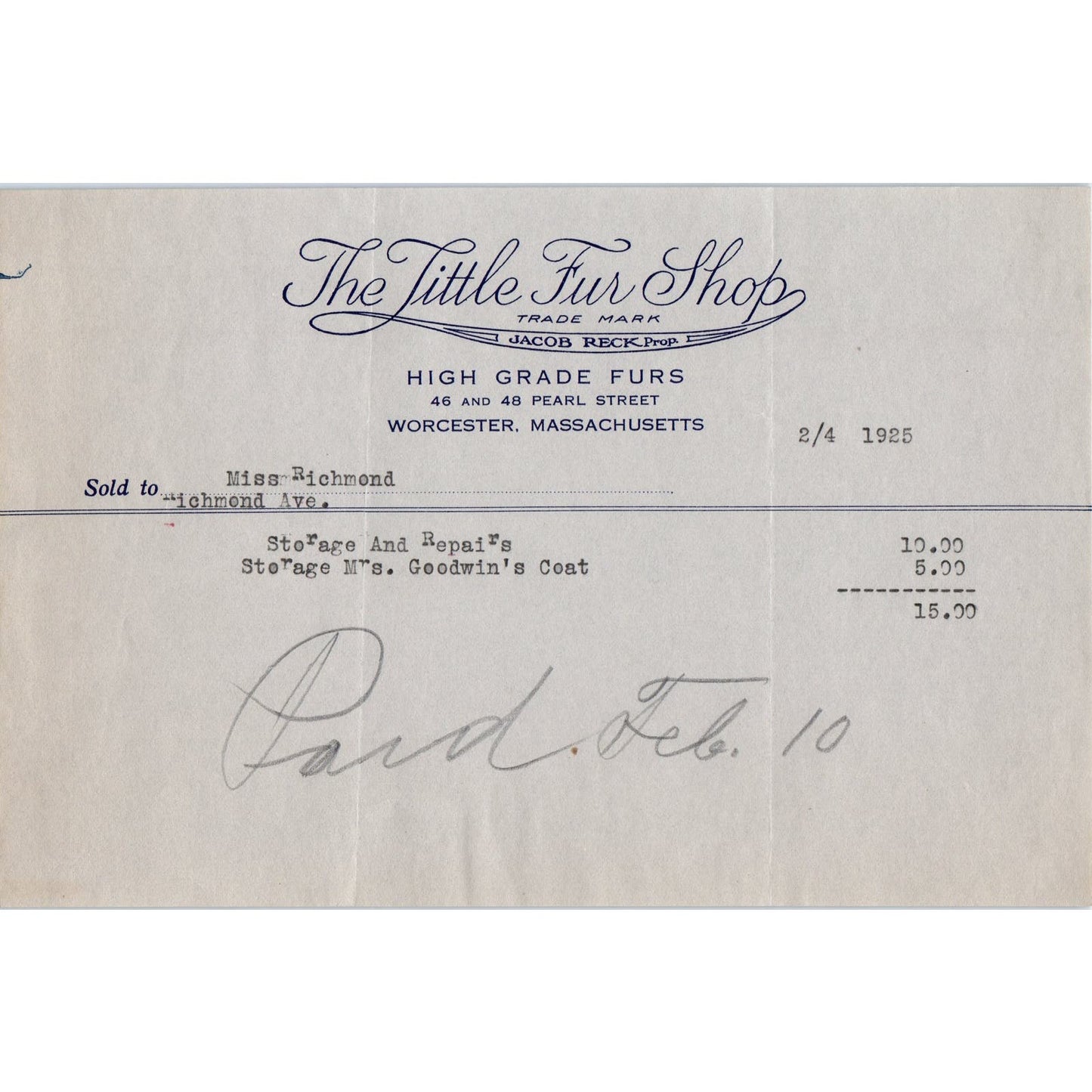 The Little Fur Shop Worcester MA 1925 Original Billhead Letterhead Receipt D8-LL