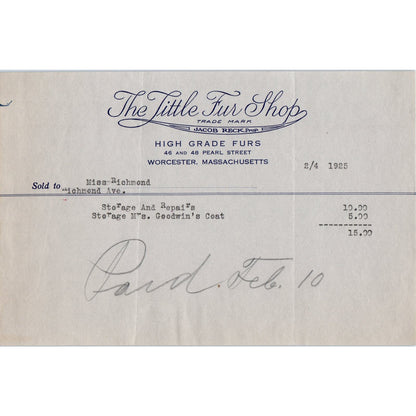 The Little Fur Shop Worcester MA 1925 Original Billhead Letterhead Receipt D8-LL