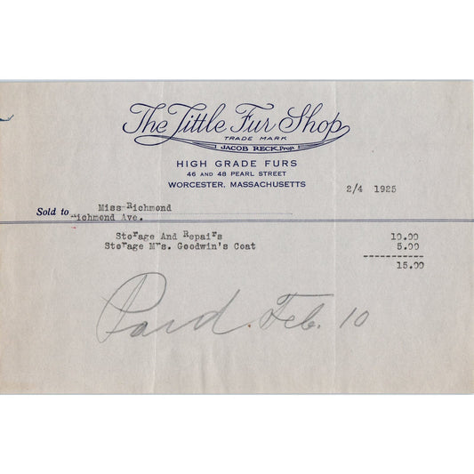 The Little Fur Shop Worcester MA 1925 Original Billhead Letterhead Receipt D8-LL