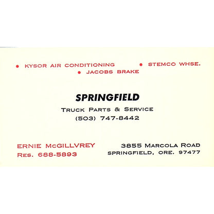 Springfield Truck Parts & Service Ernie McGillvrey Oregon Business Card SB4-B5