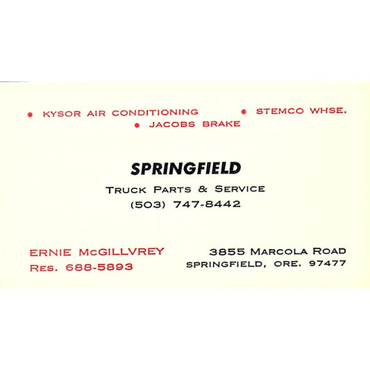 Springfield Truck Parts & Service Ernie McGillvrey Oregon Business Card SB4-B5