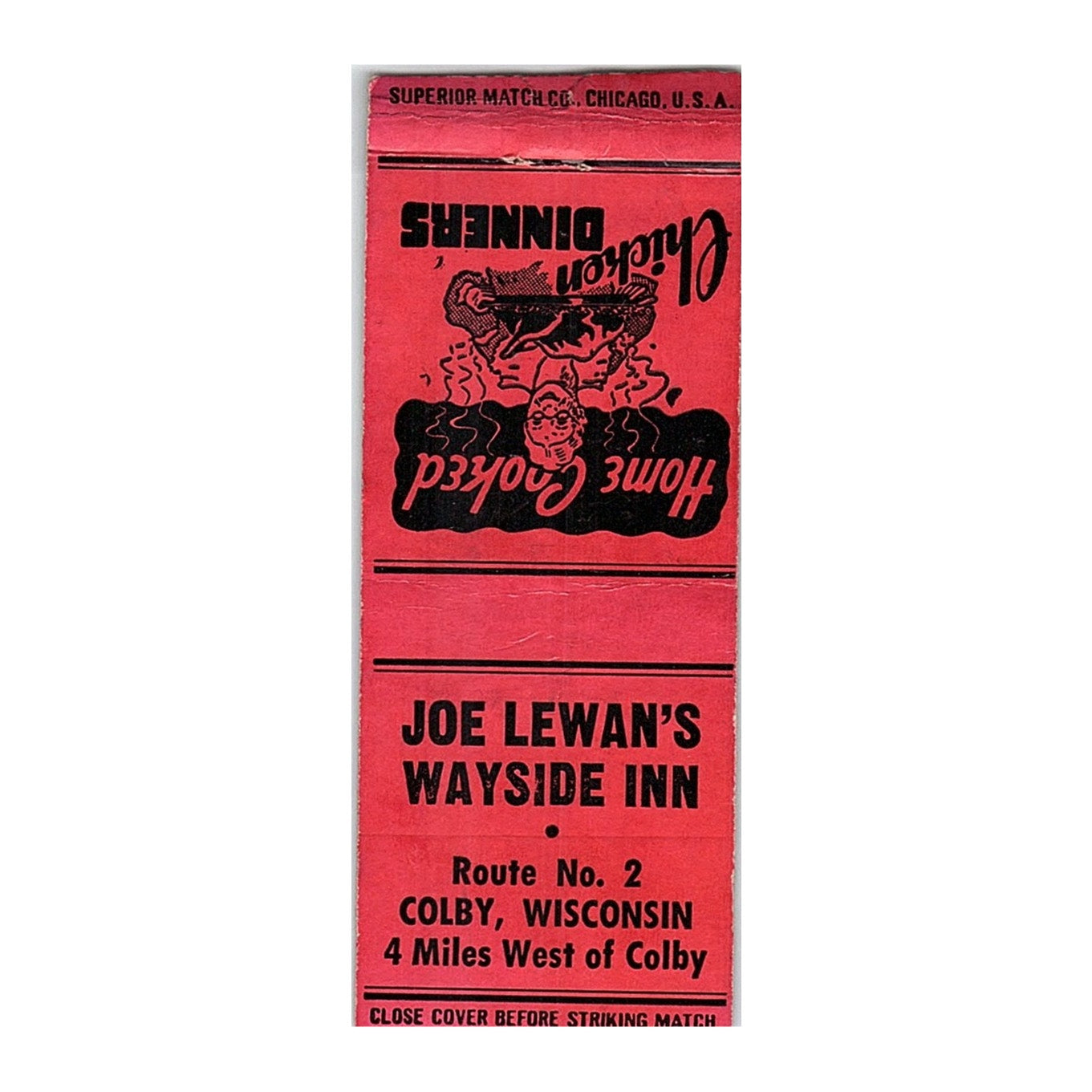 Joe Lewan's Wayside Inn Colby WI Vintage Matchbook Cover SF3-Y1
