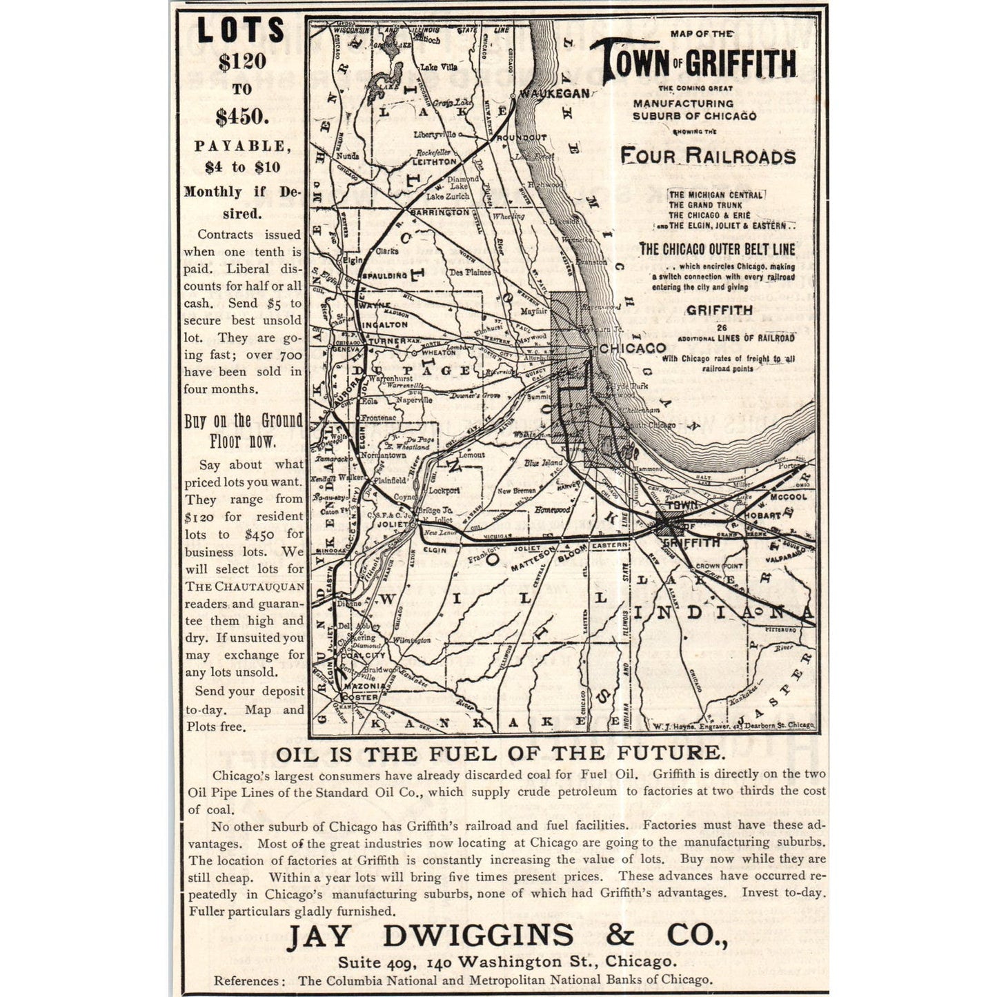 Town of Griffith Map of Lots Chicago Suburb Jay Dwiggins c1890 Victorian Ad AE8