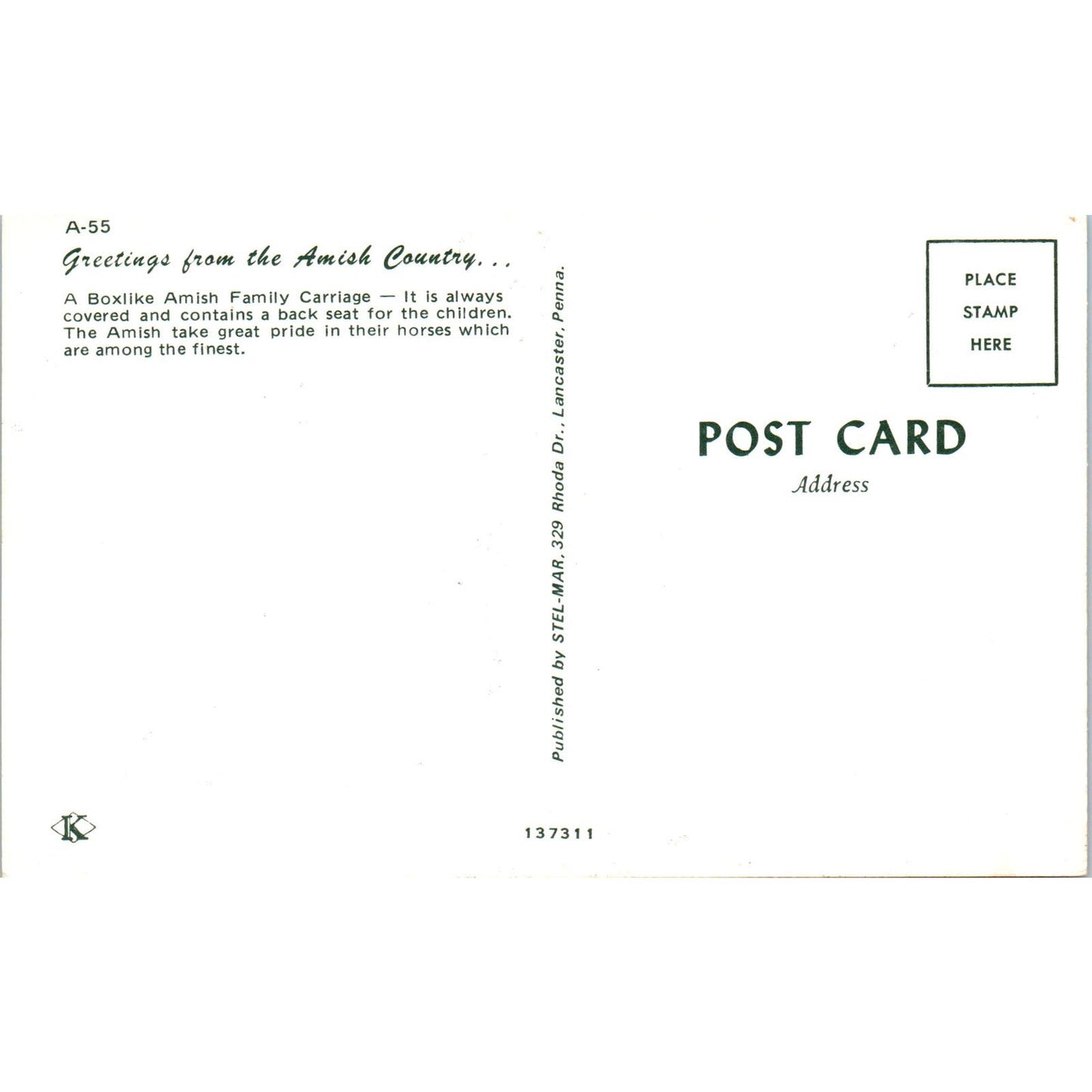 Amish Family Carriage Horse Buggy Pennsylvania Dutch Country Postcard PD8