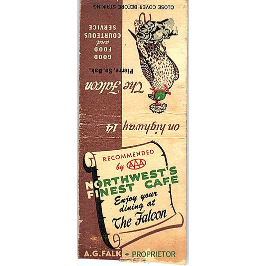The Falcon Cafe Pierre South Dakota Vintage Matchbook Cover SC7-Y8
