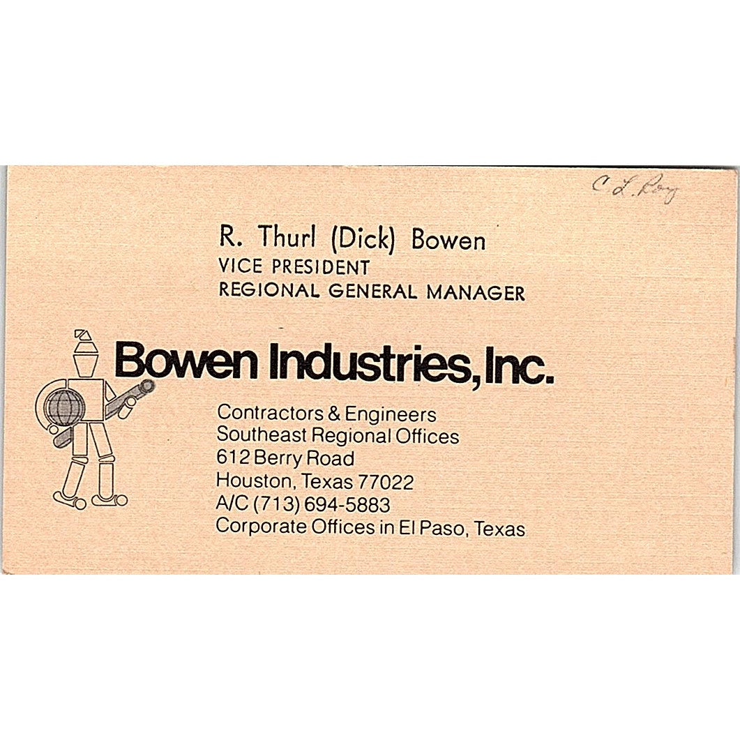 R. Thurl Dick Bowen Industries Inc Houston TX Vintage Business Card SD9-B3
