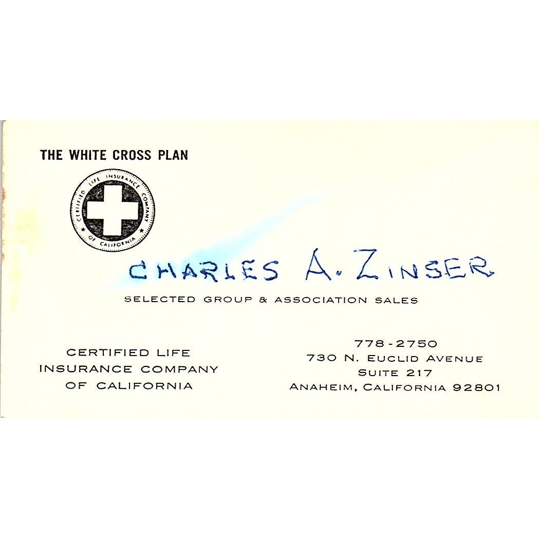 Charles A Zinser White Cross Plan Anaheim Vintage Business Card SD9-B10