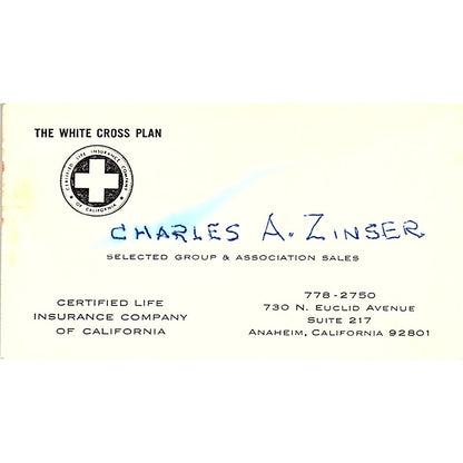 Charles A Zinser White Cross Plan Anaheim Vintage Business Card SD9-B10