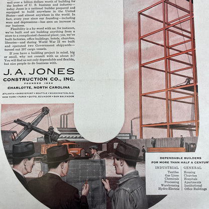 J.A. Jones Construction Co Charlotte North Carolina 1951 Magazine Ad FL6-10
