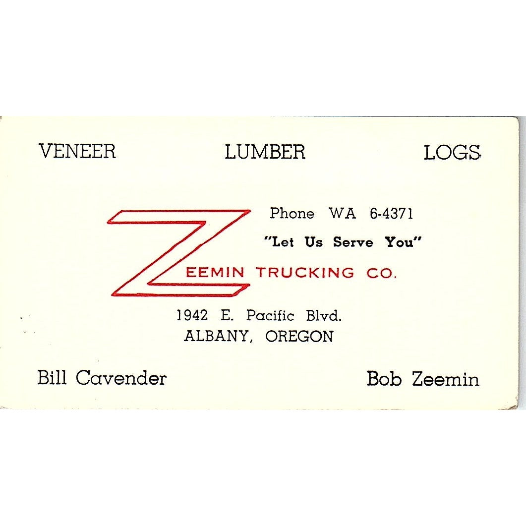 Zeemin Trucking Co. Bill Cavender Bob Zeemin Albany Oregon Business Card SB4-B5