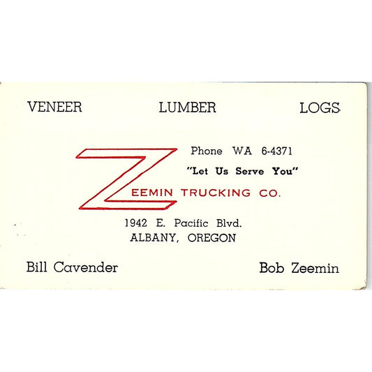 Zeemin Trucking Co. Bill Cavender Bob Zeemin Albany Oregon Business Card SB4-B5