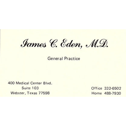 James C. Eden General Practice Webster Texas Vintage Business Card SF3-B8