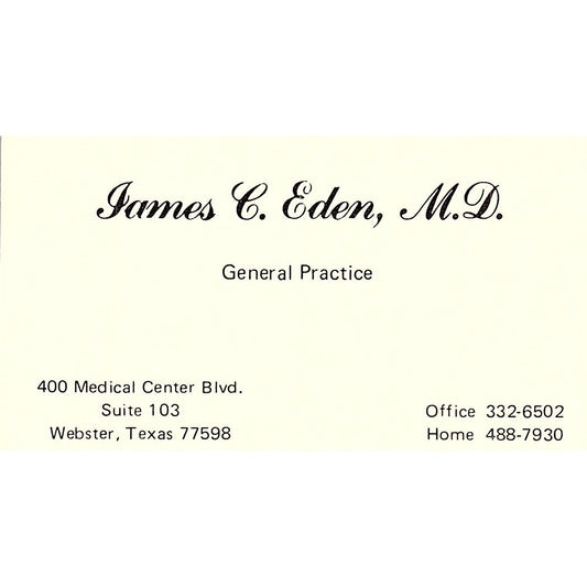 James C. Eden General Practice Webster Texas Vintage Business Card SF3-B8