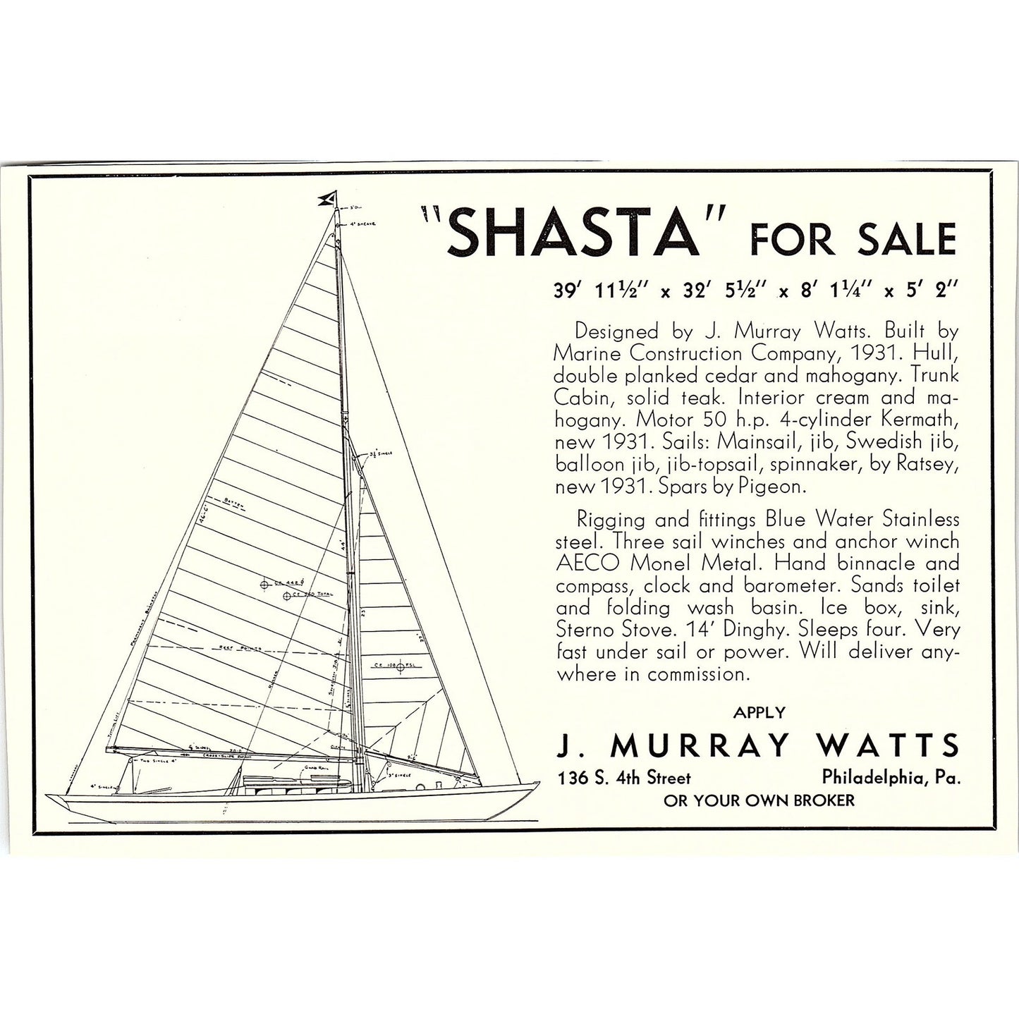 Shasta for Sale J. Murray Watts Marine Construction Co Philadelphia 1932 AG2-7