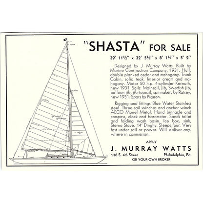 Shasta for Sale J. Murray Watts Marine Construction Co Philadelphia 1932 AG2-7