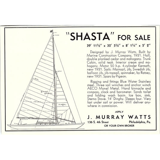 Shasta for Sale J. Murray Watts Marine Construction Co Philadelphia 1932 AG2-7
