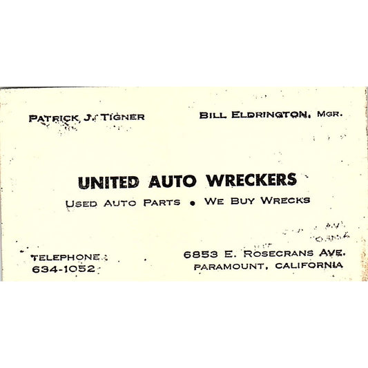 Patrick J Tigner Bill Eldrington United Auto Wreckers Paramount Card SE3-B14