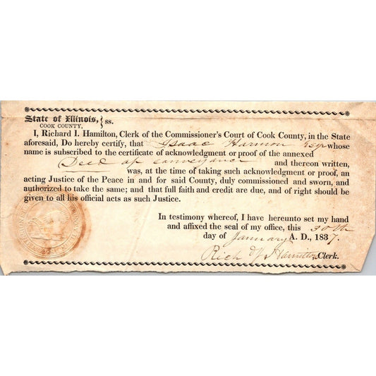 1837 Cook County IL Deed of Conveyance Isaac Harmon Keys, Richard I Hamilton J16