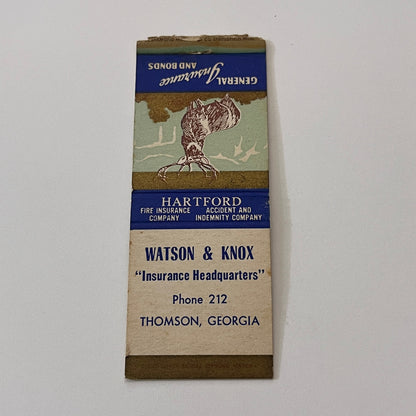 Watson & Knox Ins Headquarters Thomson GA Vintage Matchbook Cover TB6-MB2-1