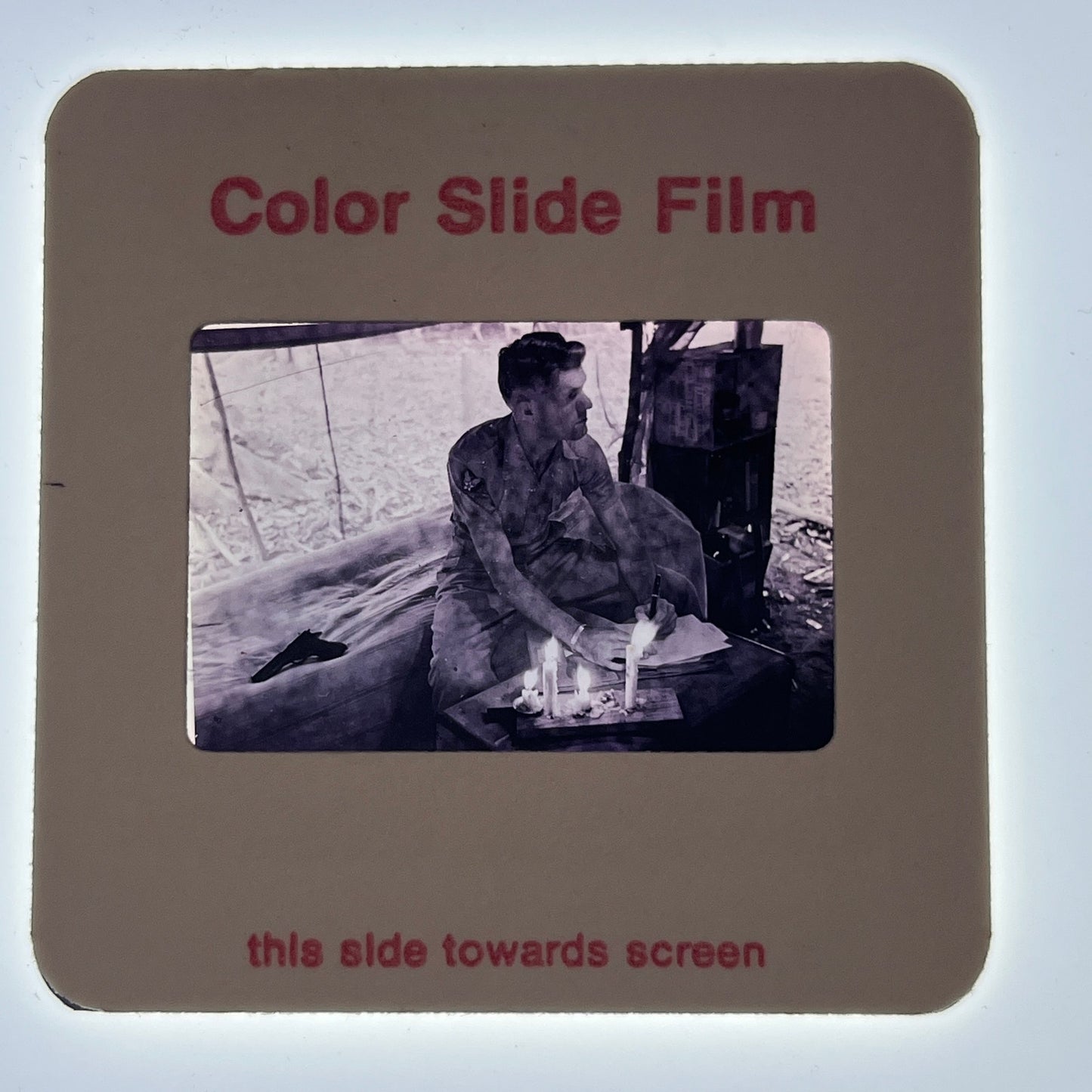 WWII c1945 Slide - Soldier Writing by Candlelight at Sansapor New Guinea AG2-S7