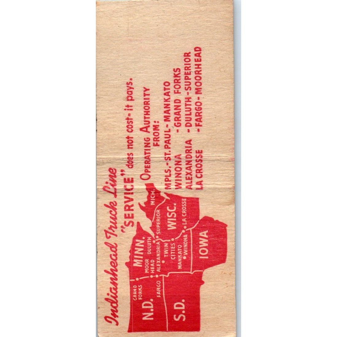 Indianhead Truck Line St. Paul MN Vintage Matchbook Cover SD4-Y13