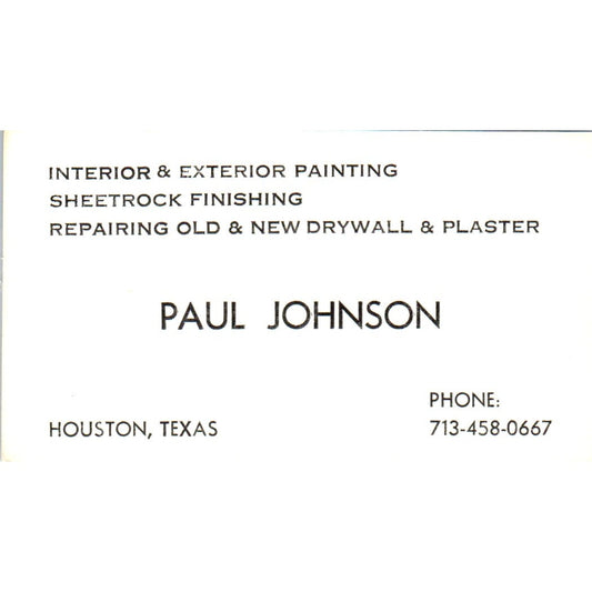 Paul Johnson Interior Exterior Painting Houston TX Vintage Business Card SD8-B14
