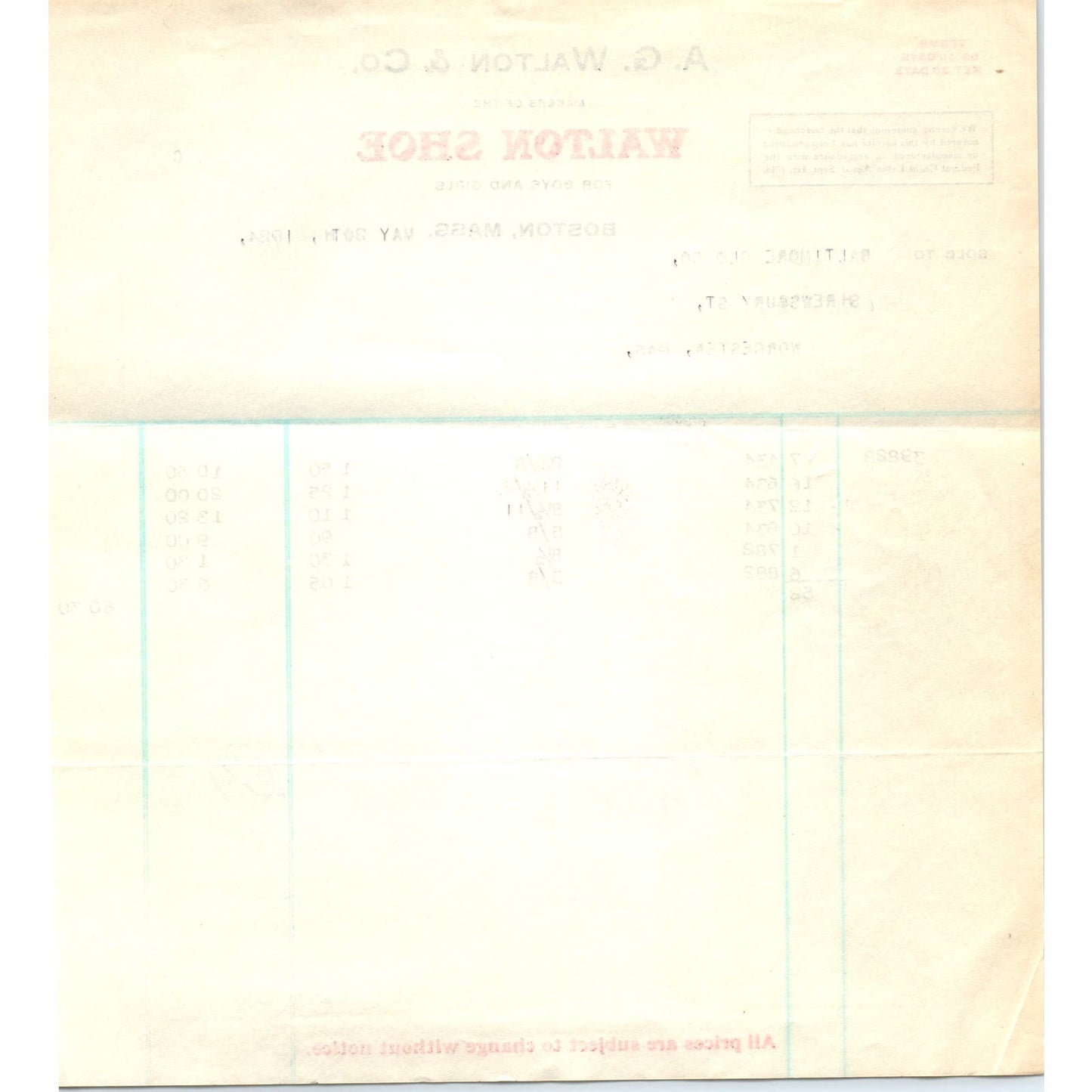 A.G. Walton & Co Walton Shoe Boston 1924 Original Billhead Receipt D8-LL