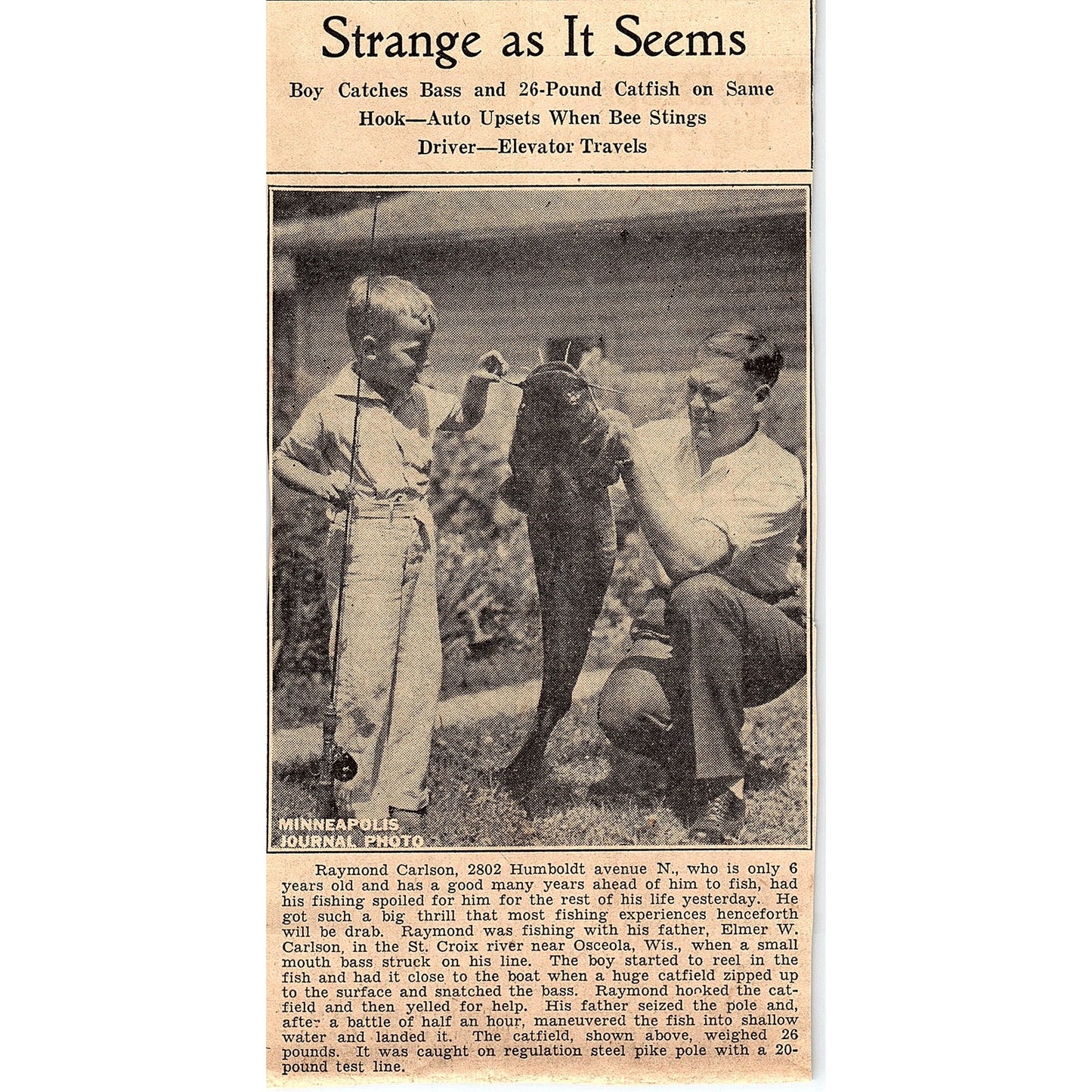 Raymond Carlson Humboldt Ave Minneapolis Catches 26 Lb Fish 1935 Article AG6-H2