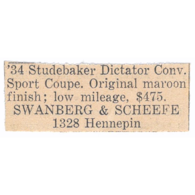 '34 Studebaker Dictator Swanberg & Scheefe Hennepin 1935 Magazine Advert AE7-N8