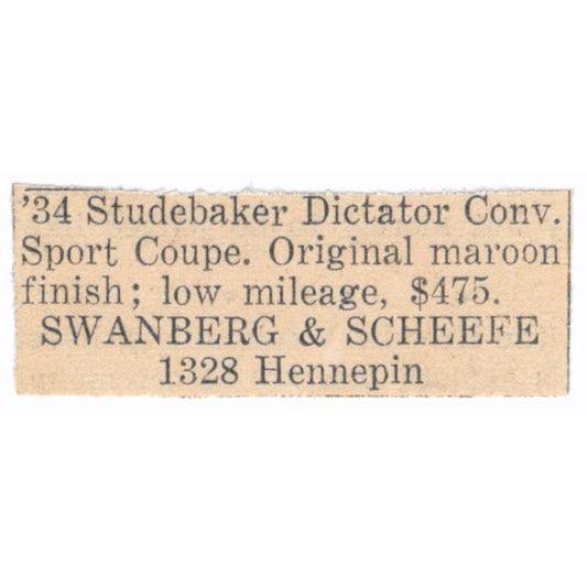 '34 Studebaker Dictator Swanberg & Scheefe Hennepin 1935 Magazine Advert AE7-N8