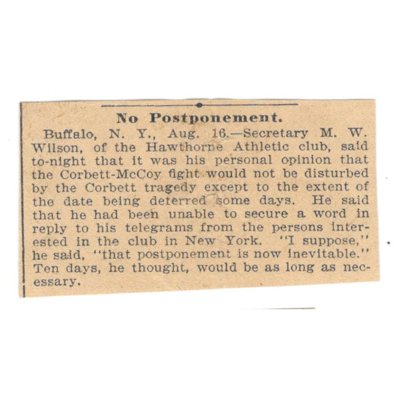 M.W. Wilson No Postponement for Corbett-McCoy Fight 1898 Newspaper Ad AF2-S4